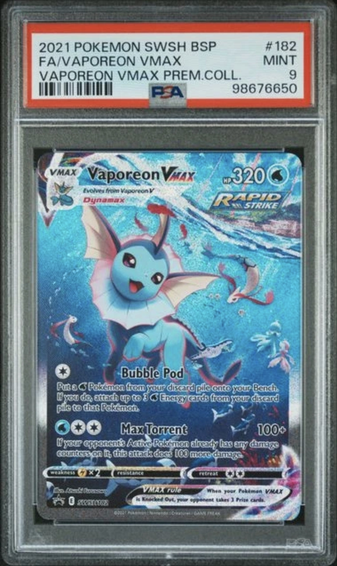 FA/VAPOREON VMAX POKEMON 182 2021 SWSH BLACK STAR PROMO FULLART HOLO EN PSA 9 gegradet