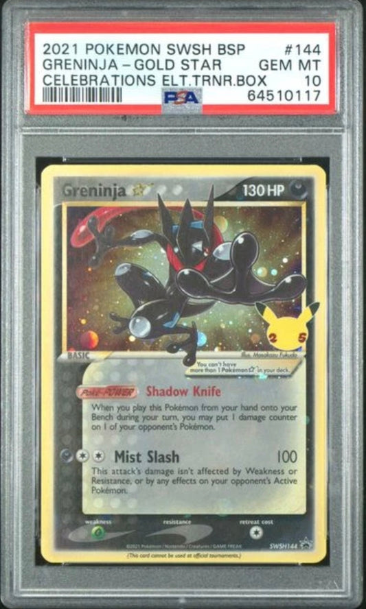 2021 POKEMON SWSH BLACK STAR PROMO #144 GRENINJA-GOLD STAR CELEBRATIONS PSA 10 gegradet